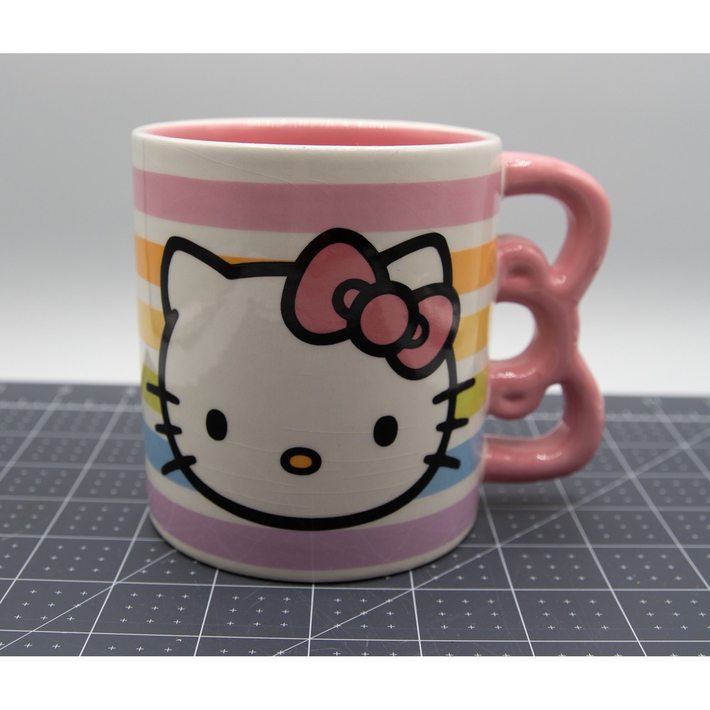 Hello Kitty Rainbow Striped Ceramic Mug 20oz Pink Bow Handle Silver Buffalo 2023